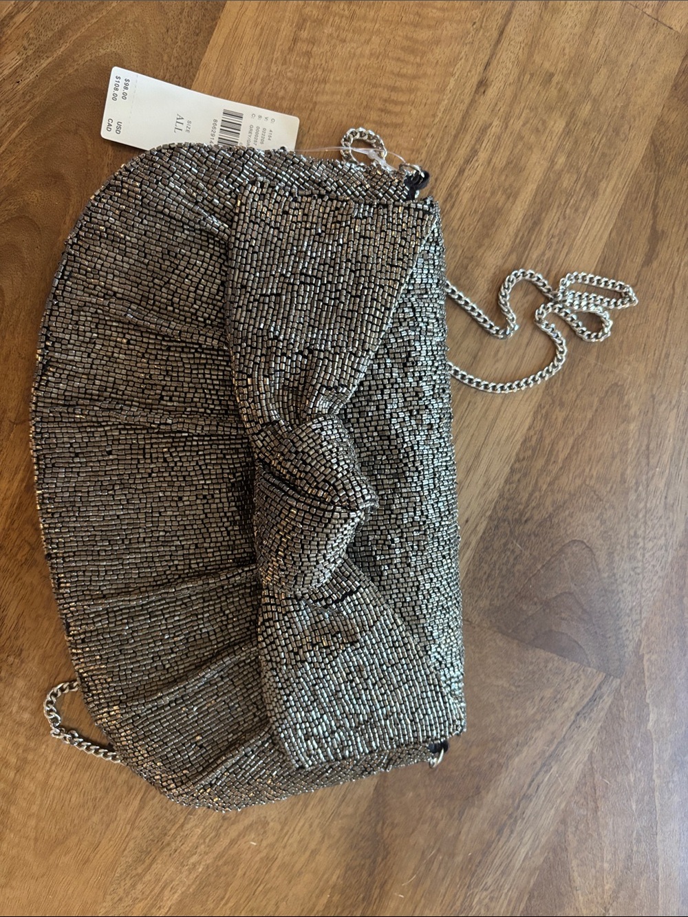 Anthropologie Silver Beaded Knot-Detail Crossbody Bag